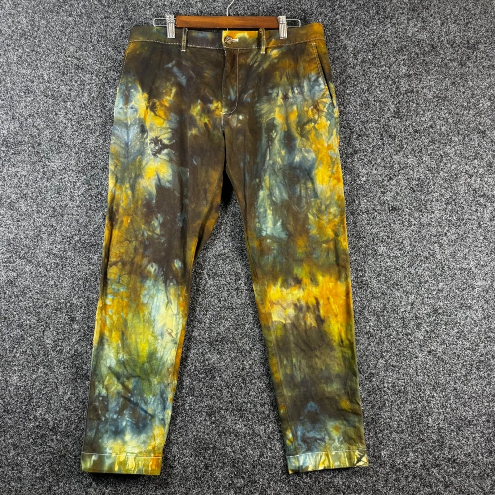 J.Crew Flex Slim Chino Pant Men 38x32 Tie Dye Earth Tone Brown Gold Blue Stretch
